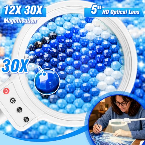 30X 12X Magnifying Glass with Light and Stand, LED Desk Magnifier for Craft - color: White
