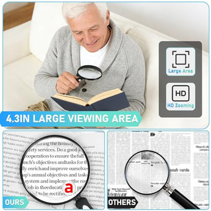 10X 30X Handheld Magnifying Glass for Reading, Upgrade 110mm Large Magnifying Glass with Non-Slip Handle, Scratch Resistant Lens, Magnifiers for Close Work Reading Newspaper Hobby Observation(4.3in)