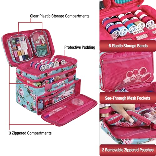 SINGER Sewing Accessories Organizer (Bag Only) – Double Layer Portable Sewing Storage Bag | 2 Detachable Pouches and 18 Compartments, Large Sewing Supplies & Crafting Carry-All (Turquoise Floral) - color: Turquoise Floral