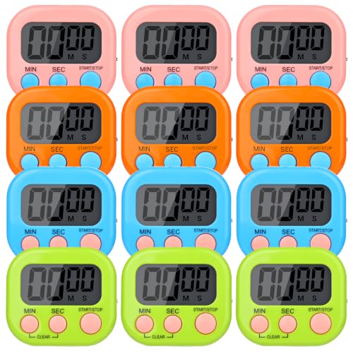 Mwellewm Digital Timers for Classroom Kids Kitchen Timers for Cooking 12 Pc - color: Pink, Blue, Green, Orange