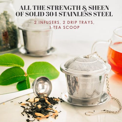 Tea Infuser Set of 2 with Tea Scoop & Drip Trays, Loose Leaf Tea Strainer - color: Silver, size: Large