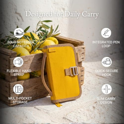 LOCHBY® Mini Field Journal | Water Resistant Waxed Canvas | Pen Loop | Included Tomoe River Notebook | Perfect for Travel, Art, Bullet Journal - color: Mustard, size: Pocket-size Hook