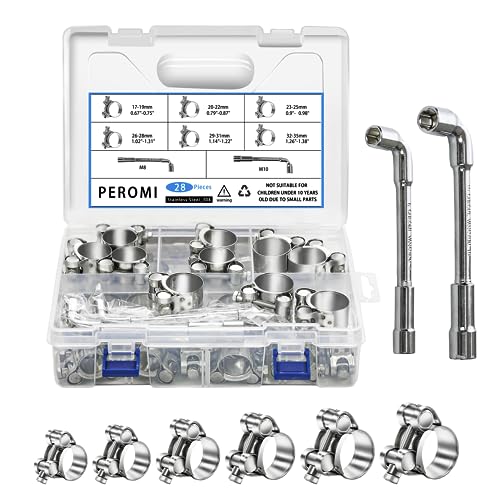 T-bolt Hose Clamps, PEROMI 28pcs 6 Size Heavy Duty Radiator Hose Clamps Assortment Kit-Size Range 17-35mm, 304 Stainless Steel Pipe Tube Clamps for Automotive Fuel Lines Radiator Hoses Turbo Intake - size: Assortment Kit 17-35mm(0.67"-1.38")