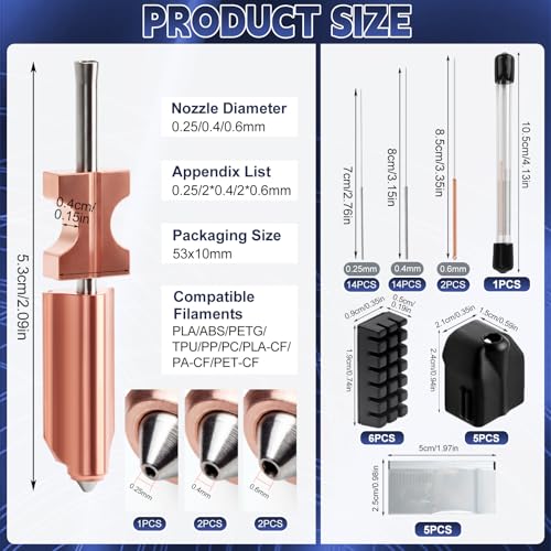 Upgraded AD5X Hotend Kit,0.25MM/2*0.4MM/2*0.6MM Nozzles,5 Silicone Sock,6 Nozzle Brush,30 Cleaning Needles,5 Silicone Greases,All Metal Quick-Detachable Nozzle Kit,32mm³/s High Flow,600mm/s High-Speed - size: 51PCS