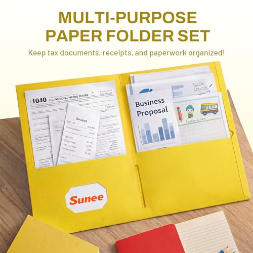 SUNEE Folders with Pockets, 50 Pack File Folders with Business Card Slot, Textured Paper, Fit Letter Size Paper, Paper File Folder for School Office Home Business, Yellow - color: Yellow