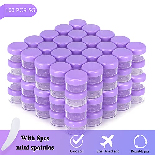 100PCS 5 Gram Sample Containers, 5ml Empty Jars with Lids, Small Cosmetic Containers, Mini Sample Jars with 8PCS Mini Spatulas for Make Up, Oils, Lotion, Powder, Paint, Jewelry, Lip Balms(Purple Lid) - color: Purple, size: 100 Count