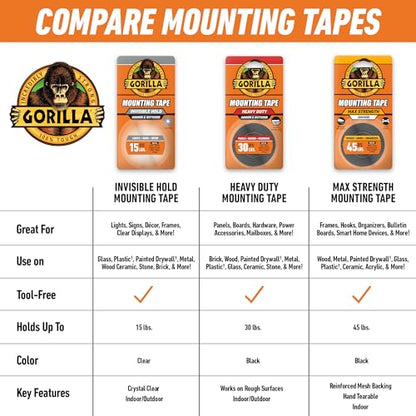 GORILLA Invisible Hold Mounting Tape, 1" x 60", Clear Double Sided, 2-Pack