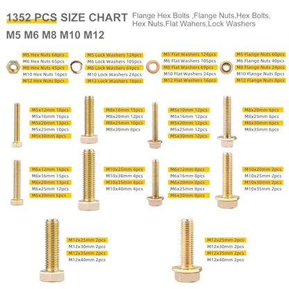 1352 PCS Metric Hex Bolts & Flange Bolts -8.8 Grade, M5 M6 M8 M10 M12 Heavy-Duty hex Bolt and nut Set, Galvanized zinc, a Unique Double-Sided Outer Box - size: M5, M6, M8, M10,M12-1352pcs