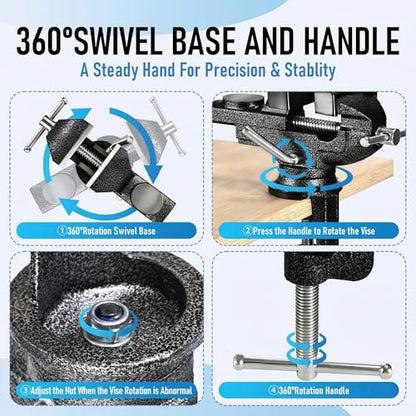Small Bench Vise 3.2" Clamp-On, 360° Swivel Hobby Table Vise