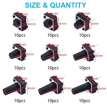 TWTADE 90PCS Micro Momentary Tactile Push Button Switch 6 x 6 x 4.3/5/6/7/8/9/10/11/12mm 2 Pin Tact Switch Assortment Kit - color: Black-2 Pin