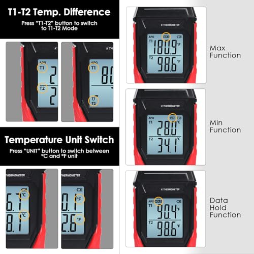 Digital Thermocouple Thermometer Dual Channel K Type Thermometer(-328~2501℉) with 4 K-Type Thermocouple Probes LCD Display Temperature Tester for K Type - color: Black