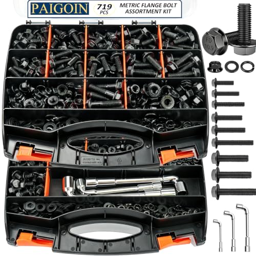 716PCS Metric Flange Bolt Kit with Wrench, Hex 10.9 Black Zinc - color: Black KIT -716PCS