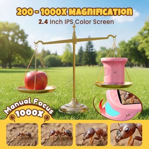 Handheld Digital Mini Microscope for Kids: 1000X 4K 2.4" Microscopes Toys - color: Pink