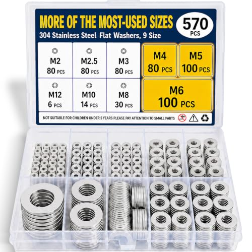 570PCS Flat Washers for Screws, 304 Stainless Steel Washers Assortment