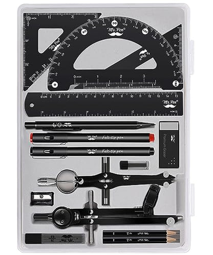 Mr. Pen- Professional Geometry Set, 15 pcs, Drafting Tools with Protractor - color: Black