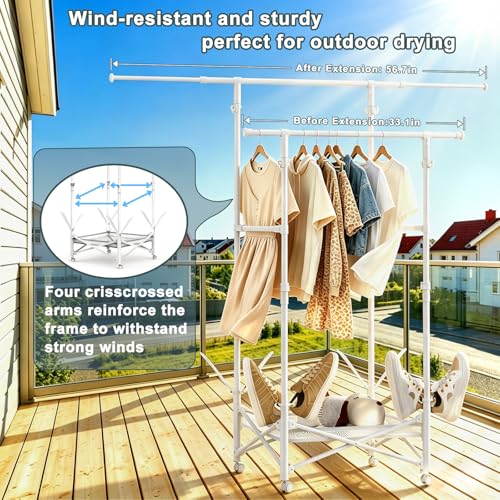 Portable Foldable Clothes Drying Rack - Adjustable Double Extendable Rods (33.1” to 56.7”) -Portable Coat Rack for Travel, Camping, Drying, RV, Indoor, Outdoor, Easy Assemble（White - color: White