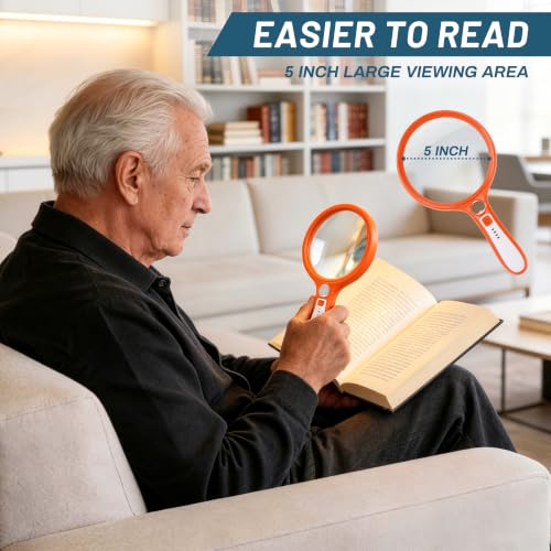 Large Magnifying Glass with Light: 5IN Handheld Illuminated Lighted Magnifier with 13 LED Lights, Rechargeable Magnifier (Orange+White, Magnifier with Light (No Case)) - color: Orange+white