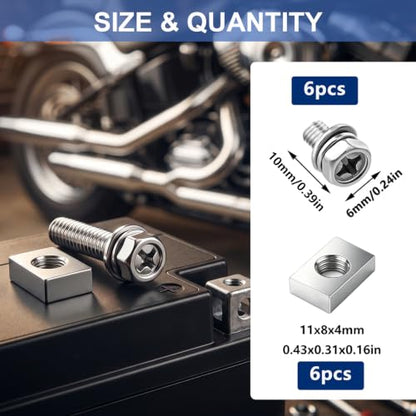Tnisesm 12PCS M6x10 Battery Terminal Motorcycle Bolts and Nuts Kit, 304 Stainless Steel Battery Bolt with Square Nut for ATV Bike, Motorcycle, Scooter - size: M6*10MM
