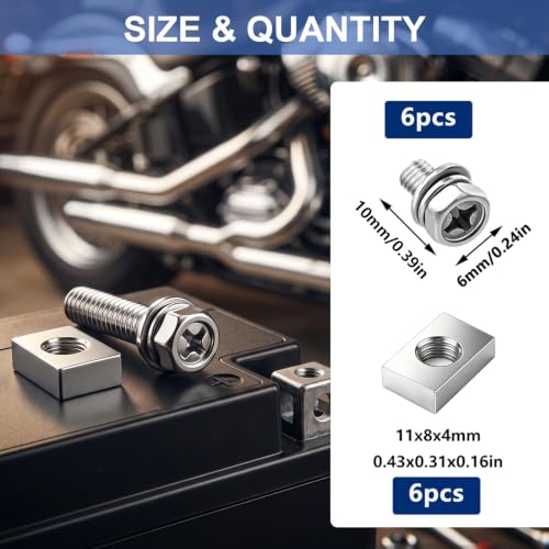 Tnisesm 12PCS M6x10 Battery Terminal Motorcycle Bolts and Nuts Kit, 304 Stainless Steel Battery Bolt with Square Nut for ATV Bike, Motorcycle, Scooter - size: M6*10MM