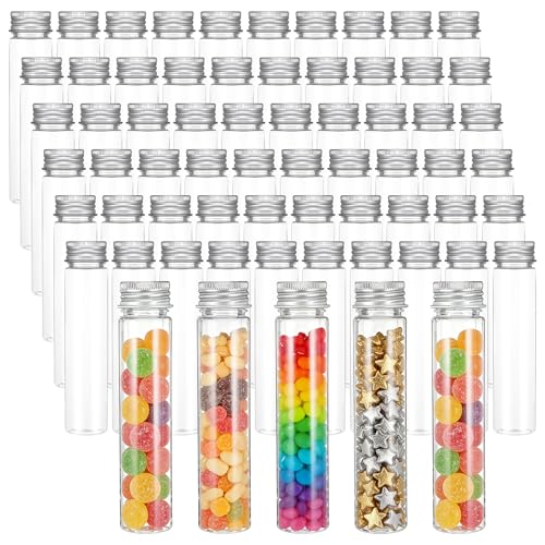 60 Pack 75ml Clear Plastic Test Tubes with Screw Caps – Flat-Bottomed Candy Tubes for Bath Salts, Spices, Party Favors & Science Experiments