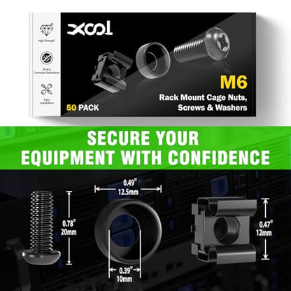 50 PACK M6 x 16mm Rack Mount Cage Nuts, Screws and Washers for Rack Mount Server Cabinet, Rack Mount Server Shelves, Routers, Rack Mount Screws and Square Insert Nuts, Self-Locking Cable Ties for Free - color: Black