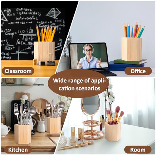DoubleFill 12 Pack Wooden Pencil Holder Unfinished Wood Pen Holder for DIY Crafts 3 x 3 x 4 Inch Mini Wood Desk Organizer for Back to School Classroom Homemade Art Projects Supplies(Hexagonal)