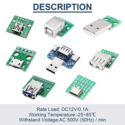 8 Pcs USB to DIP Adapter 2.54mm Type-C / Type-B / 2.0 / 2.0 Male / 3.0 / Micro / Mini / 4 in 1 to DIP Converter Breakout Board With Pin Header - style: Connector Set
