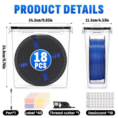 Filament Storage Box 18-Pack with Desiccants, Labels & Filament Cutter