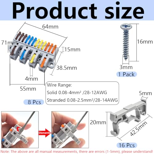 CESFONJER 4-in-12-out Lever Terminal Block Kit, Quad Input to Twelve Output Splicing, DIN Rail & Screw Mountable Conductor Connector, for 28-12AWG wire, 8 Pack with Fittings - color: set4
