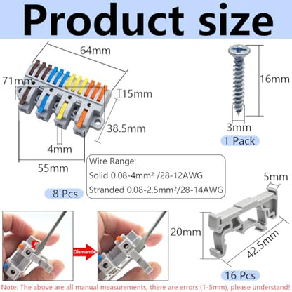 CESFONJER 4-in-12-out Lever Terminal Block Kit, Quad Input to Twelve Output Splicing, DIN Rail & Screw Mountable Conductor Connector, for 28-12AWG wire, 8 Pack with Fittings - color: set4