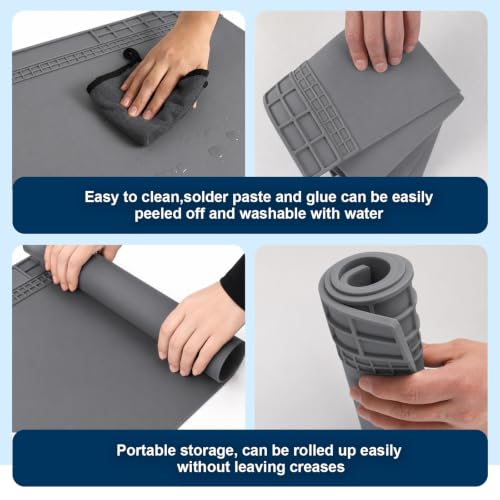 Silicone Soldering Mat 13.8"x23.7" - 932°F Heat Resistant Work Mat with 111 Grid Cells & Premium PU Anti-Static Wrist Strap, Professional Repair Pad for Electronics, Soldering Station