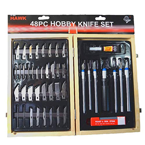 48 Pc Comprehensive Hobby Knife Set | Variety of Blades | Ergonomic Handles | Wooden Box 11" x 7" x 2" | Ultimate Craft Hobby Knife Blade Scapels For Precision Cutting Crafting - style: 48 Piece