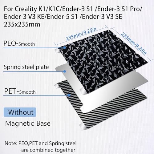 3D Upgraded PEO+PET Sheet 235x235m, Smooth PEO PET Build Plate Spring Steel Print Bed for Creality K1/K1C/Ender 5 S1/Ender 3 S1 Pro/Ender 3 S1/Ender V3 KE/Ender3 V3 SE (Without Magnetic Base) - color: PEO+PET(No Magnetic Sticker), size: 235x235mm（For K1C/