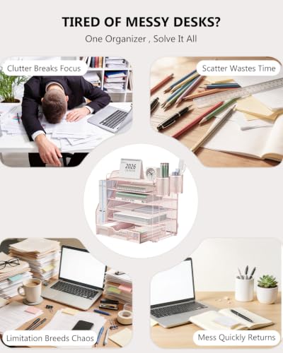 WALI Desk File Organizer, 6 Tier Desktop Paper Letter Tray Organizer with Drawer and 2 Pen Holders, Office Desk Accessories & Workspace Organizers for Office, Home Supplies(DO007DH-P), 1 Pack, Pink - color: Pink, size: 6 Tier