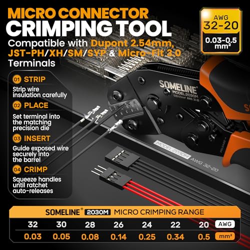 SOMELINE Dupont Crimping Tool Kit, 24 Types of 2.54mm Dupont Connectors with Single/Dual Row Housing, Terminals & Pin Headers for Arduino, Raspberry Pi, PC - 32-20 AWG Ratchet Crimper for JST, Molex