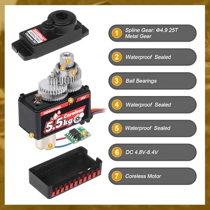 HobbyPark 2-Pack Waterproof 5.5kg High Torque Micro Servo Coreless Motor Metal Gear Arduino Servo RC Servo for 1/24 Crawler Cars Boats Robotics SCX24 Steering Servo 4.8-8.4V