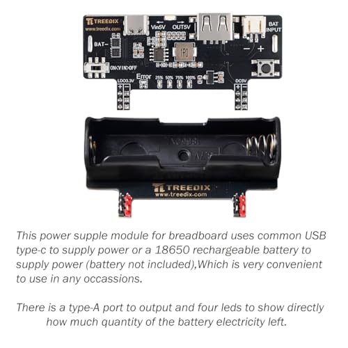 Treedix Breadboard Power Supply Module 3.3V 200mA 5V 2A Prototype Breadboard Equiped with USB Type-C Charging Port, Type-A Output Port and Rechargeable Battery's Stand, Charging Module for Arduino