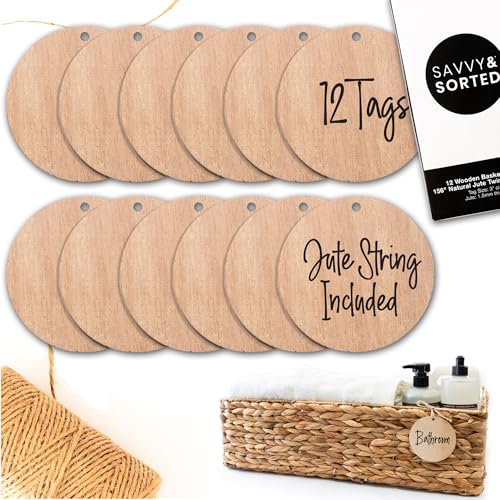 SAVVY & SORTED 12 Round Wooden Ornament Basket Tags for Storage Bin, 3” Wood Bin Labels with Jute String - Hanging Basket Labels for Pantry, Closet Organization, Blank Personalized Craft Tags - color: Natural