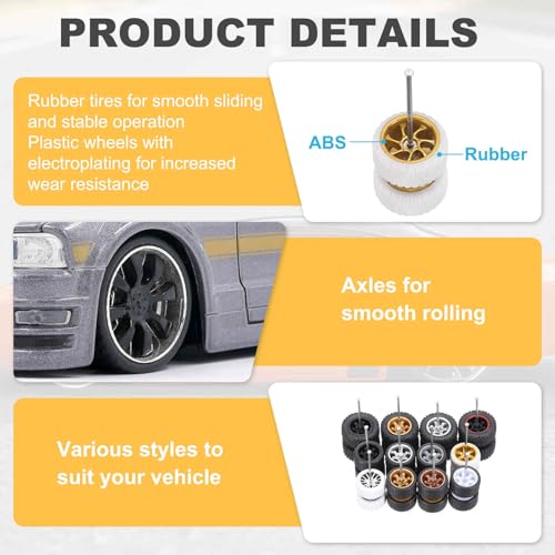 MECCANIXITY 4 Set 1/64 Wheels and Tires Set, Real Riders Rims Includes Axles for RC Diecast Car DIY Model, White with Gold 7-Spoke Rims, 11 x 5.2mm