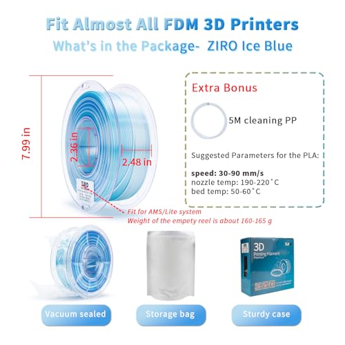 ZIRO Fast Gradient PLA, Sillk Multi Color 3D Printer Filament 1kg, Ice Blue - color: Ice Blue (Silky)