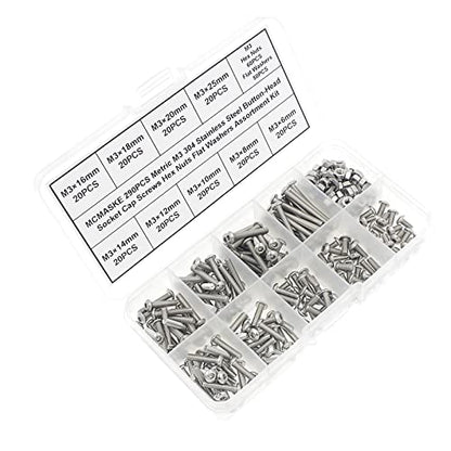 Metric M3 304 SS Button-Head Socket Cap Screws, Nuts & Washers Kit - size: M3