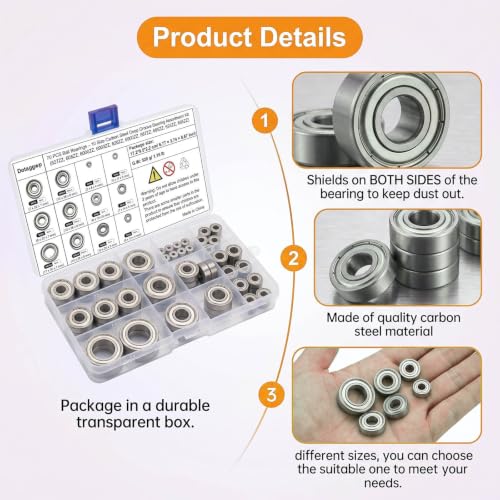 70 PCS Ball Bearings – 10 Size Carbon Steel Deep Groove Bearing Assortment Kit (627ZZ, 608ZZ, 6000ZZ, 6903ZZ, 626ZZ, 6900ZZ, 687ZZ, 685ZZ, 693ZZ, 695ZZ), Double Shielded & Pre-Lubricated