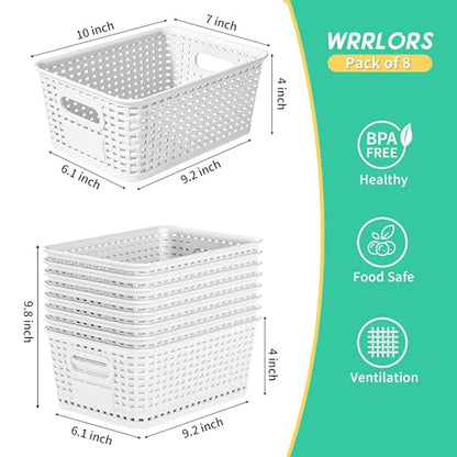 8 Pack Plastic Storage Baskets,White Stackable Bins with Lid - color: White