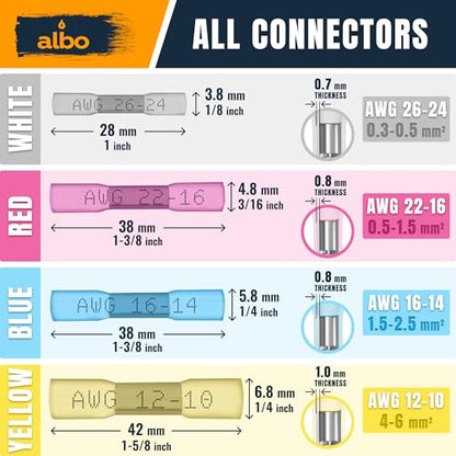 ALBO 200 Pcs Heat Shrink Butt Connectors for 26-10 AWG Electrical Wire - color: Butt 200Pcs Set 26-10 AWG