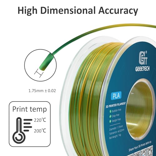 Geeetech 3D Printer Silk PLA Dual Color Filament, Metal-Like Shiny Silk Filament 1.75mm 1kg (2.2lbs) Spool, Dimensional Accuracy +/- 0.02 mm, Silk Yellow Green - color: 1kg Dual Color Yellow-green