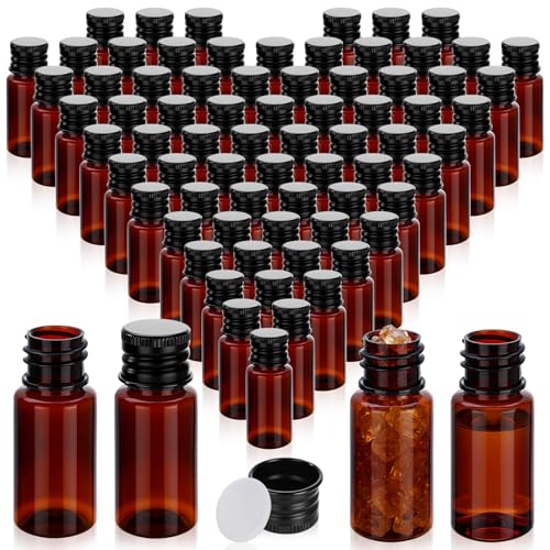 200 Pcs 10ml Mini Plastic Bottles Vials Tiny Jar with Aluminum Screw Lid Cap Clear Plastic Sample Container with Sealed Top Metal Lid for Cosmetic Essential Oil Specimen(Black and Amber) - color: Black and Amber