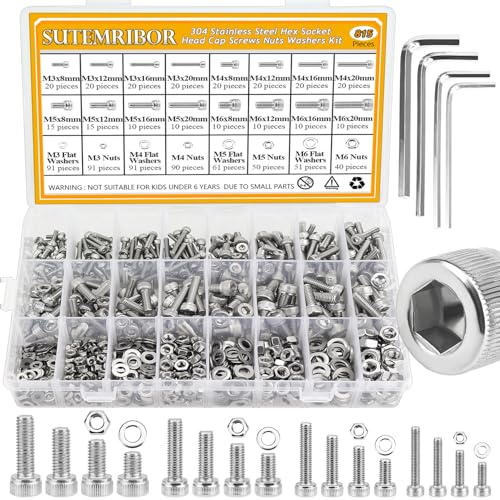 815 Pieces M3 M4 M5 M6 Hex Socket Head Cap Screws Nuts Washers Assortment Kit, Metric Screw Assortment with Hex Wrenches, 304 Stainless Steel, Fully Threaded - size: M3M4M5M6 (815 Pieces), style: Socket Head