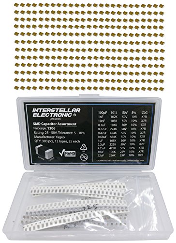 1206 SMD Capacitor Assortment X7R C0G only, 100pf, 1nF, 10nF, 01uF, 0.22uF, 0.47uF, 0.68uF, 1uF, 2.2uF, 4.7uF, 10uF, 22uF, 25V - 50V, 300 pcs