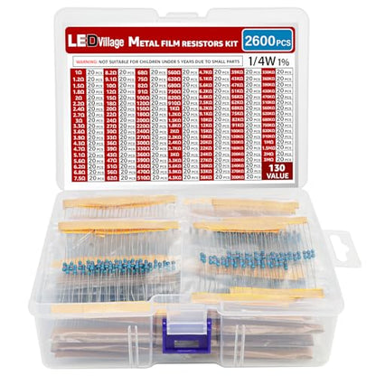 130 Values Resistor Kit Assortment 1 Ohm-3M Ohm ±1% Tolerance 1/4W Metal Film Resistor Set (Pack of 2,600) for Electronic Projects, DIY Electronics & Experiments
