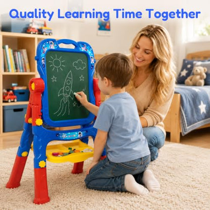 Easel for Kids, Double-Sided Magnetic Drawing Board with Art Set - color: Red